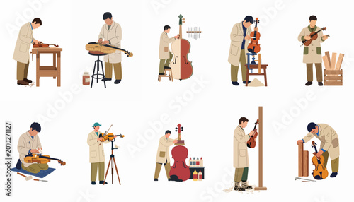 Fotografie Collection of illustrations showing the craftsmanship of a luthier making and repairing string instruments like violins, cellos, and double basses