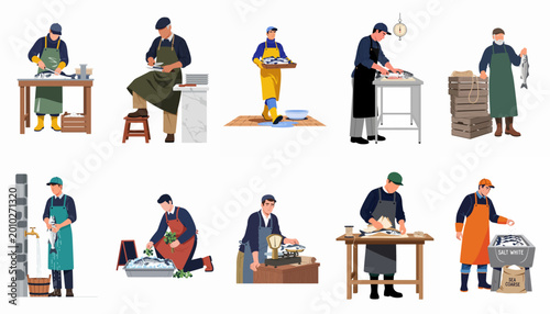 Bild auf Leinwand Collection of fishmongers and seafood industry workers performing various tasks like cleaning, filleting, weighing, and packing fresh fish for market