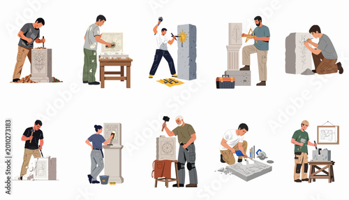 Valokuva Collection of professional stonemasons and sculptors at work creating detailed carvings and monuments using traditional tools and modern techniques