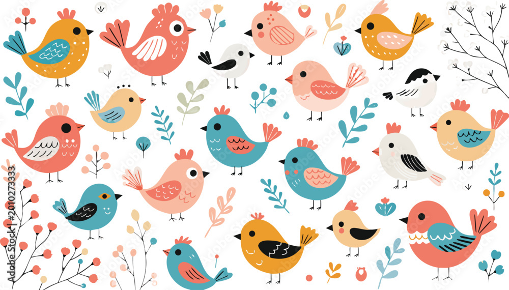 Obraz premium Spring birds set. Different beautiful birdie with flowers and branch. a charming flat vector illustration set of cute colorful birds in a whimsical cartoon style. Vector cartoon illustration