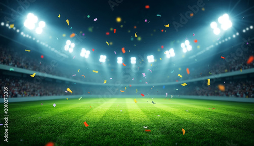 Green soccer field with bright floodlights and falling colorful confetti.