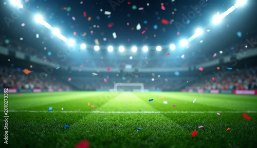 Green soccer field with bright floodlights and falling colorful confetti.