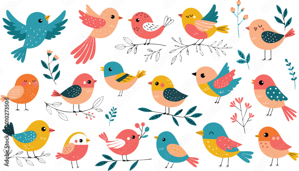 Naklejka premium Spring birds set. Different beautiful birdie with flowers and branch. a charming flat vector illustration set of cute colorful birds in a whimsical cartoon style. Vector cartoon illustration 