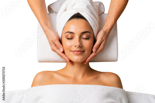 Woman receiving facial massage on transparent background
