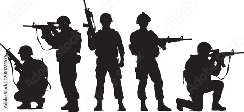 Tableau sur toile Black vector illustration of a military soldier silhouette holding a rifle and a