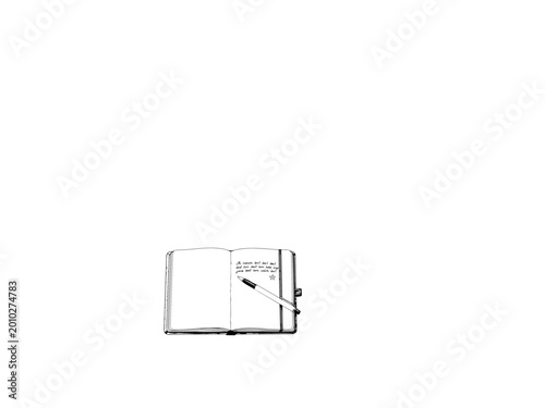 Black and White Minimalist Open Notebook with Pen Vector Illustration
