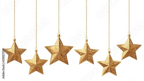 Golden star ornaments hang against a clean white background.
