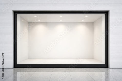 Empty white store display window with lights and tiled floor background. Ai generative