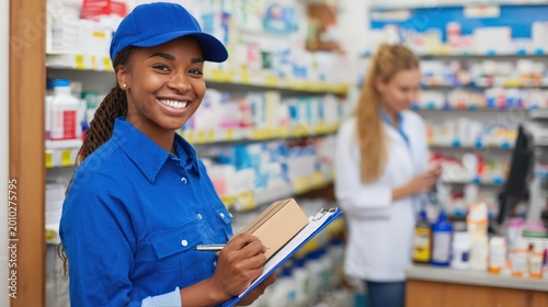 Smiling delivery worker holds a parcel and clipboard inside a pharmacy.
