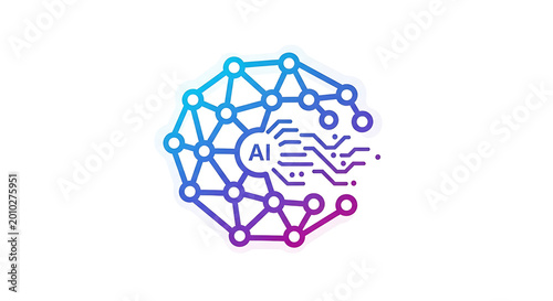 Gradient ai network with connections and circuit board design on a white background centered