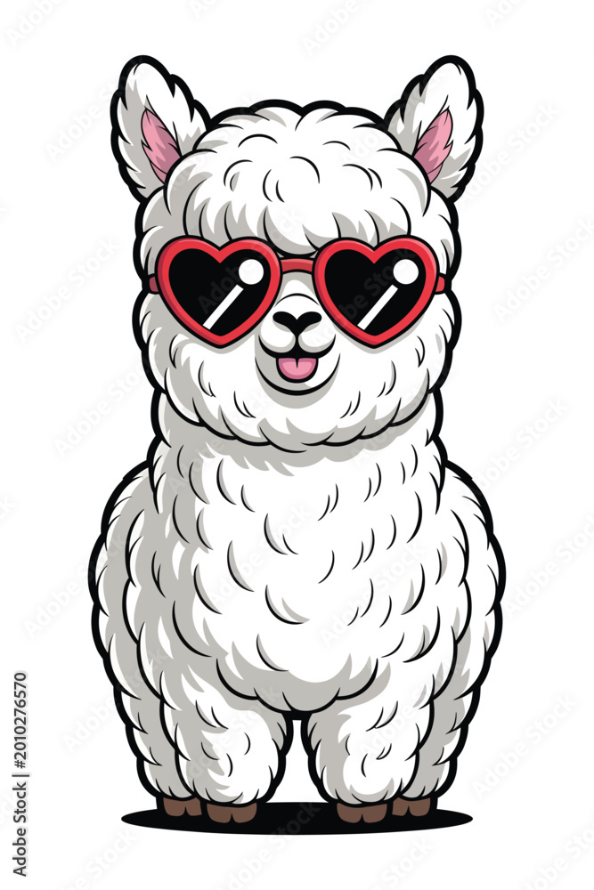 Fototapeta premium Cartoon llama illustration with heart shaped sunglasses whimsical animal character on a white background high-quality professional detailed modern elegant stylish clean crisp.