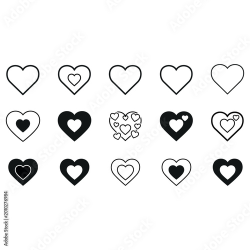 Set of glossy red and pink heart icons and shiny vector shapes for romantic Valentine's Day card design and holiday love symbol decoration