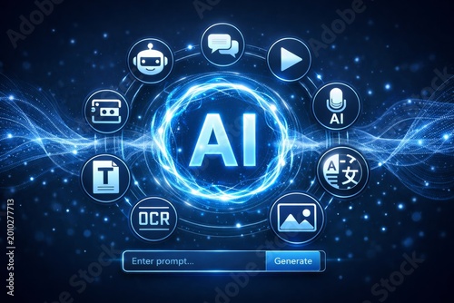 AI technology interface with futuristic glowing icons on dark background. Ai generative