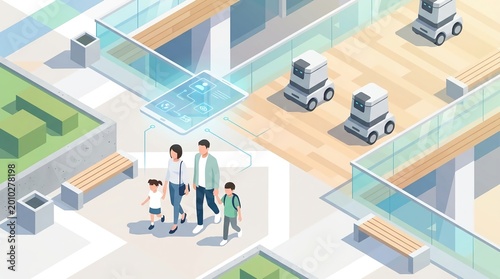 Isometric Illustration Of Family In Smart Shopping Mall With AI Robots