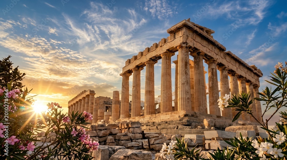 Fototapeta premium The Parthenon in Athens at Sunset with Blooming Oleander Flowers