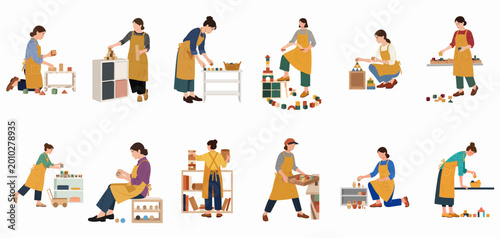 Tableau sur toile Set of illustrations featuring nursery teachers in yellow aprons organizing and tidying wooden toys in a classroom or playroom setting