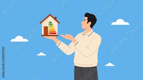 Man presenting energy efficiency certificate for his house with a blue background.