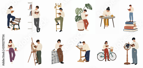 Bild auf Leinwand Set of flat vector illustrations featuring diverse people writing, sketching, and reading in various everyday settings and creative workspaces