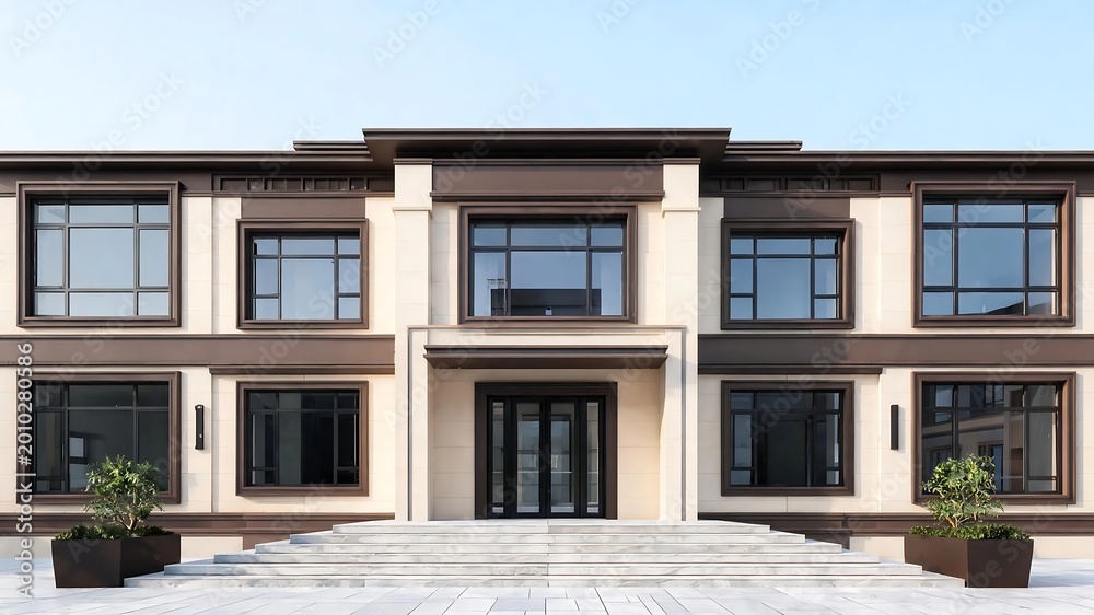 Fototapeta premium Modern Minimalist Townhouse with Symmetrical Facade and Large Glass Windows