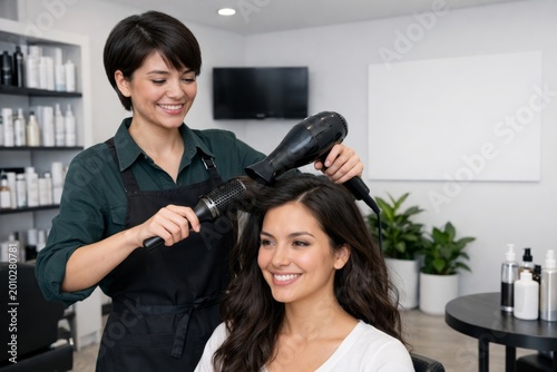 Hair stylist drying client's hair in salon interior. Ai generative