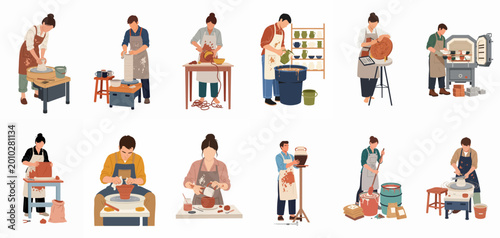 Foto Flat vector illustration showing diverse potters and ceramic artists performing different tasks throughout the pottery making process, from throwing to kiln firing