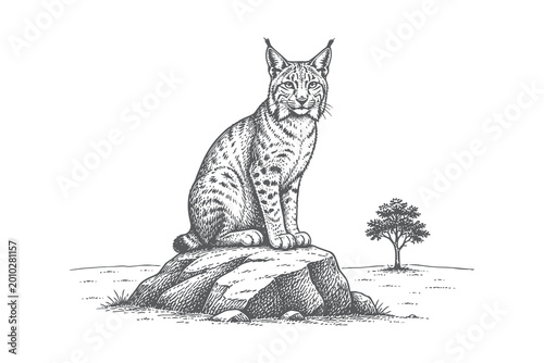 Photography Detailed engraving of a lynx sitting on a rock formation, vintage hand drawn wildlife vector illustration for forest and wild cat conservation themes