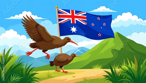 Kiwi Birds Vector Art With New Zealand Flag In A Vibrant Green Mountain And Blue Background