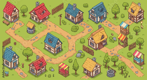 Tableau sur toile Isometric medieval village map vector, fantasy town with small cottages and mark