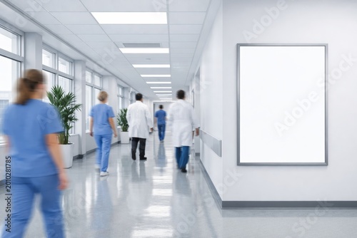 Blank hospital corridor wall poster mockup scene. 