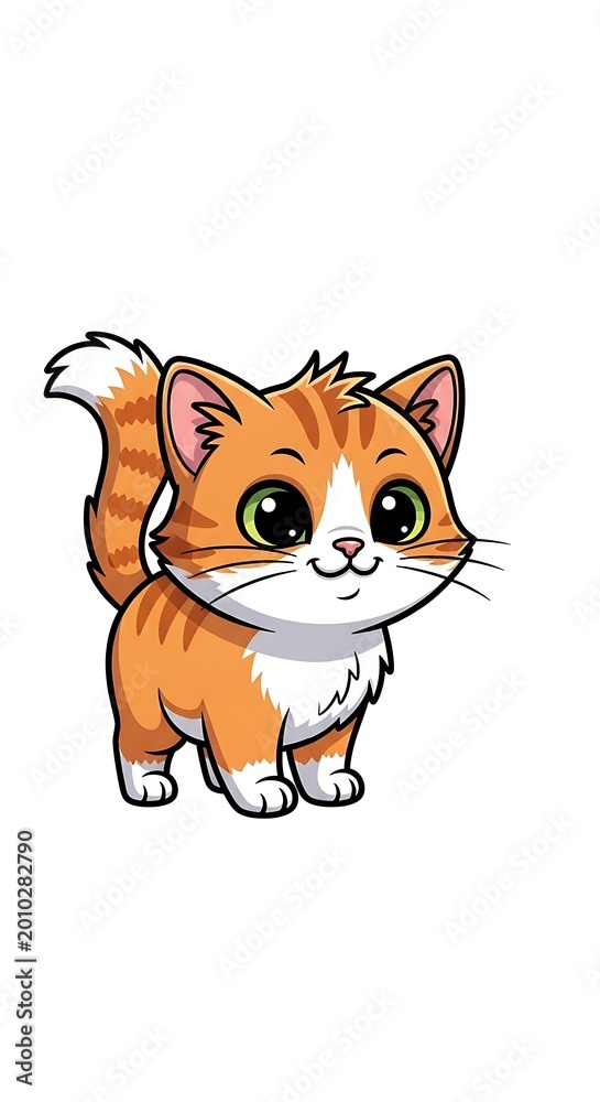 Fototapeta premium A cartoon image of a cute, orange and white tabby kitten standing upright with big, round eyes and a fluffy tail