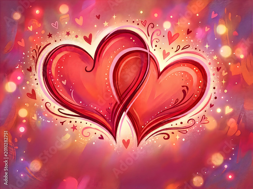 Two beautiful red hearts intertwined with decorative swirls and glowing bokeh lights on a vibrant pink background for romantic greeting cards and celebration designs