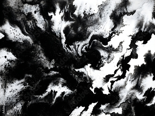 Abstract black and white ink splash texture with flowing liquid shapes and artistic marble patterns creating a bold high contrast design for creative backgrounds and modern graphic projects