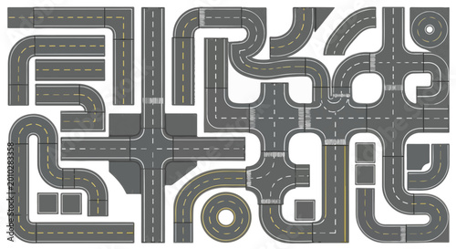 Schilderij op canvas Asphalt road constructor set with modular highway segments, top view street map
