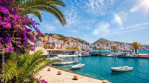 Coastal City Harbor with Boats, Palm Trees, and Purple Flowers under a Sunny Sky