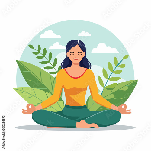 Woman Meditating in Lotus Pose Surrounded by Green Leaves