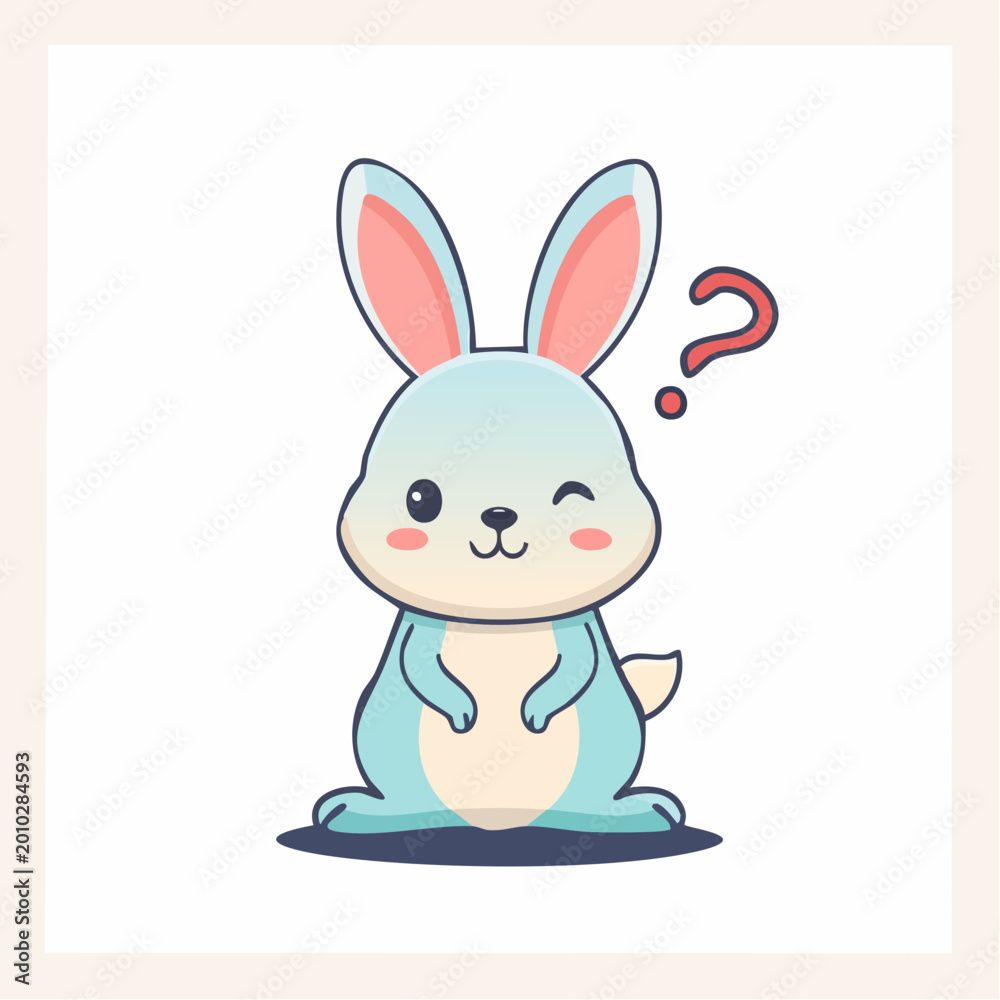 Obraz premium Cute blue bunny with a question mark, winking