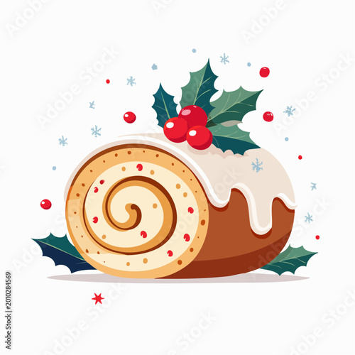 Christmas Swiss Roll Cake with Holly and Berries