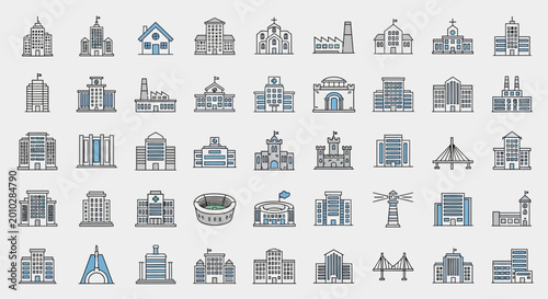 Collection of various building icons and structures.