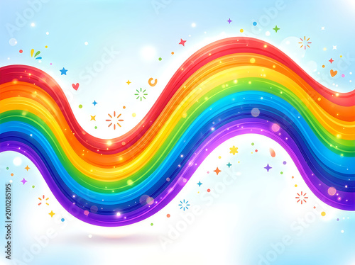 Colorful wavy rainbow stripes with sparkling stars and glitter elements in a bright abstract digital art style for creative design projects and celebratory backgrounds or festive party invitations