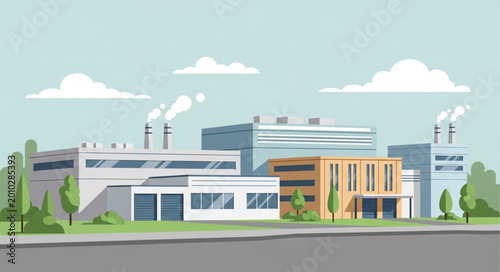 Bild auf Leinwand Modern Industrial Factory Buildings with Smokestacks and Trees.