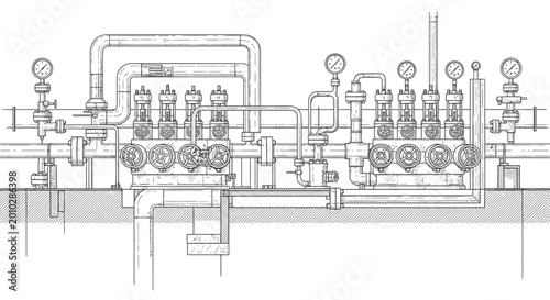 Foto Detailed illustration of mechanical industrial machinery with pipes and gauges