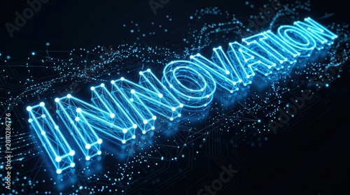 Futuristic 3d digital rendering of the word innovation with glowing blue network connections and particles on a dark background.