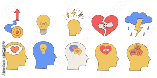 Mental Health Icon. Psychology Overthinking, Creative Ideas for Business Success Concept. Thoughts in Mind. Emotional People Care and Support Theme. Retro hand Drawn Cartoon Symbol Collection.