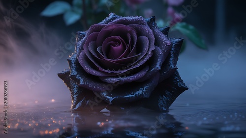 Dark purple rose with dewdrops resting on water, misty moody background, bokeh lights, romance, mystery, gothic floral beauty