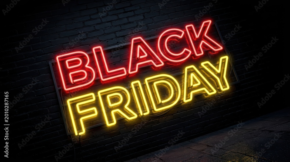Fototapeta premium Black Friday neon sign glowing on a dark brick wall for seasonal retail sale and promotion.