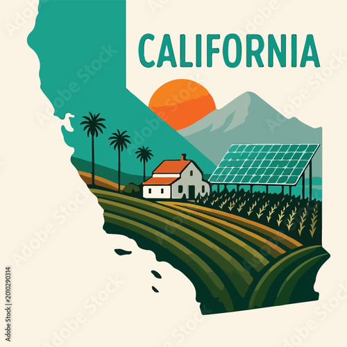Artistic graphic illustration depicting the state of California with solar panels and a rural farm landscape under a bright sun