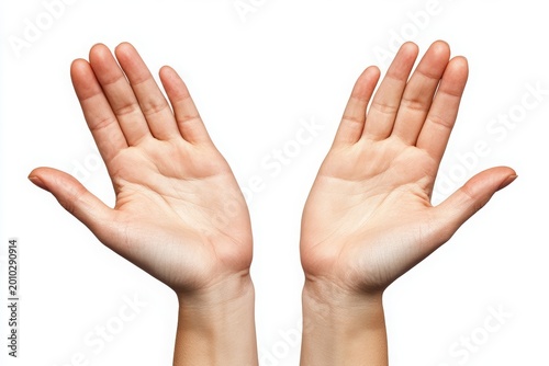Hands are raised with palms open in a neutral position against a white background showing six fingers in total and bringing attention to the hands