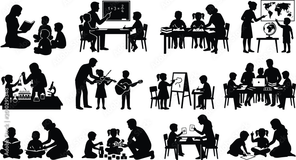 Obraz premium Children learning various activities vector illustration isolated on white background, Vector