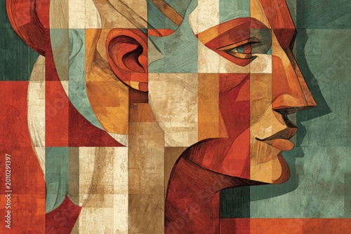Cubist style abstract portrait woman profile textured surface