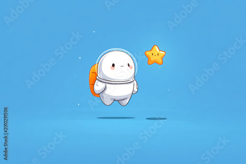 Round cartoon astronaut with jetpack floats with yellow star in space